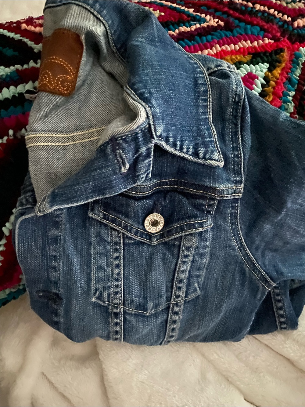 Ag Adriano Goldschmied Blue Denim Trucker Jacket with Leather Patch